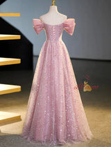 Pink Tulle Sequins Off the Shoulder Prom Dress