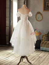 White Hi Lo Tulle Off the Shoulder Bow Wedding Dress