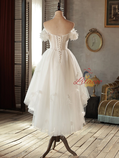 White Hi Lo Tulle Off the Shoulder Bow Wedding Dress