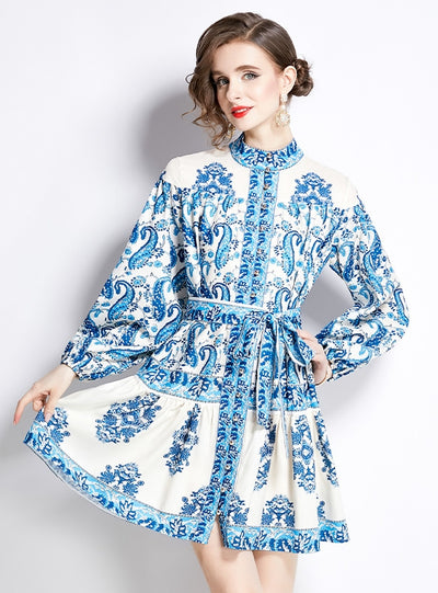 Retro Printed Long Sleeve Stand-up Slim Dress