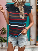 Casual Lace Lotus Leaf Sleeve Striped T-shirt