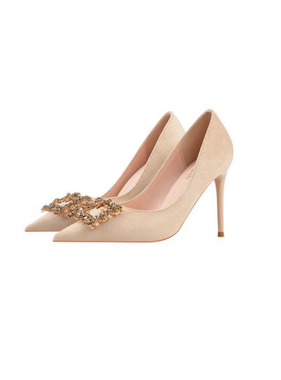 Pointed Rhinestone Square Buckle Suede Stilettos Shoes