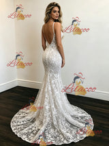 White Mermaid Lace Spaghetti Straps Wedding Dress