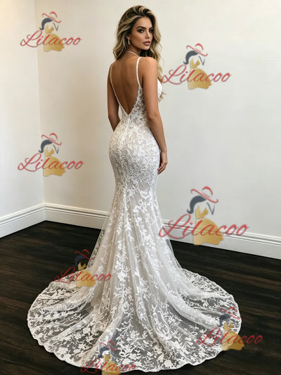 White Mermaid Lace Spaghetti Straps Wedding Dress