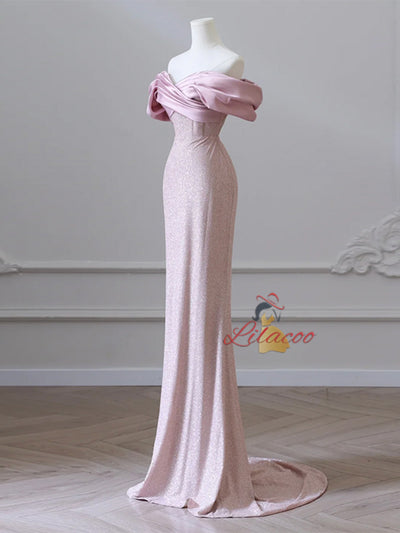 Pink Mermaid Off the Shoulder Pleats Prom Dress