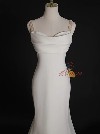 White Mermaid Straps Backless Pearls Wedding Dress
