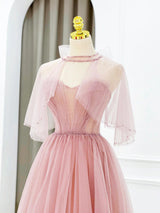 Pink Tulle Strapless Pleats Beading Prom Dress