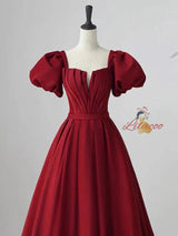 Burgundy Satin Square Neck Puff Sleeve Pleats Prom Dress