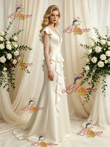 Ivory Satin Long Sleeve Beading Wedding Dress