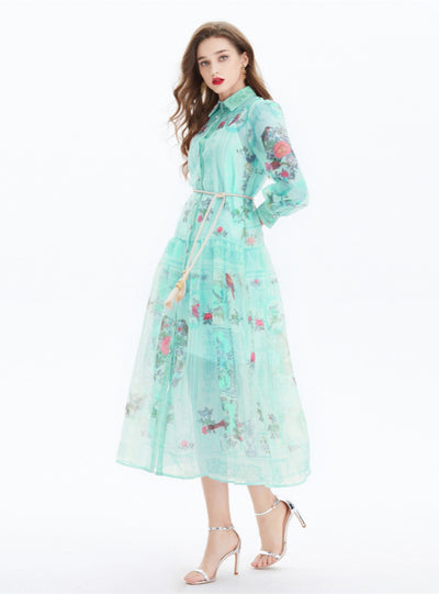 Retro Long Sleeve Lapel Printed Shirt Dress