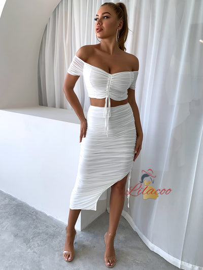 Two-piece Drawstring Top and Slim Skirt Suit