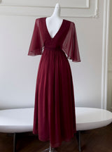 Burgundy Chiffon V-neck Pleats Prom Dress