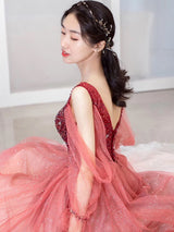 Burgundy Tulle Sequins Beading Long Sleeve Prom Dress