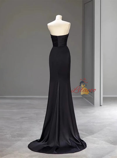 Black Mermaid Satin Pleats Prom Dress