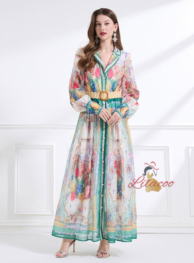 Retro Palace Printed Breasted Dress