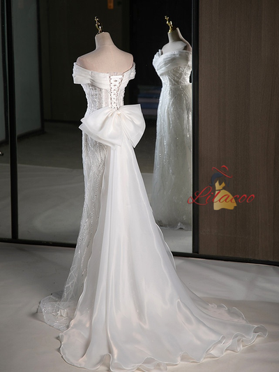 White Mermaid Sequins Appliques Bow Wedding Dress