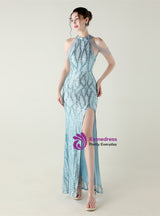 Mermaid Sequins Halter Beading Prom Dress