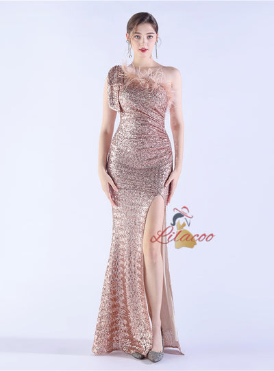 One Shoulder Split Sequins Prom Dress