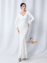 Long Sleeve V-neck Mermaid Sequins Prom Dress