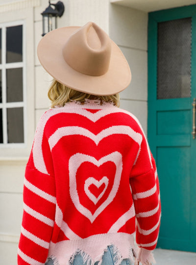 Pullover Love V-neck Cut Fringed Long Sleeve Sweater