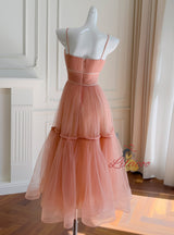 Orange Pink Tulle Pleats Straps Prom Dress