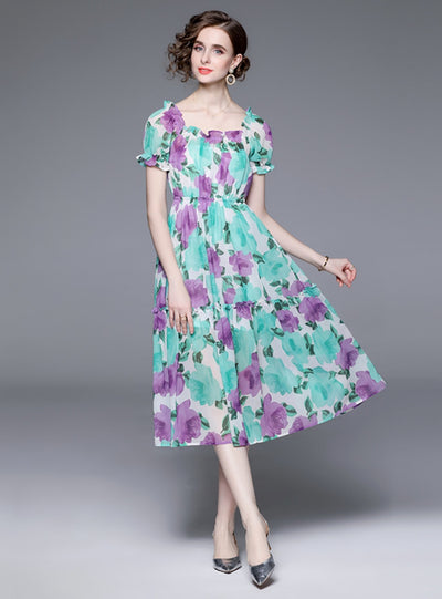 Antern Sleeve Bubble Sleeve Floral Dress