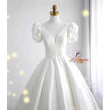 White Satin V-neck Wedding Dress