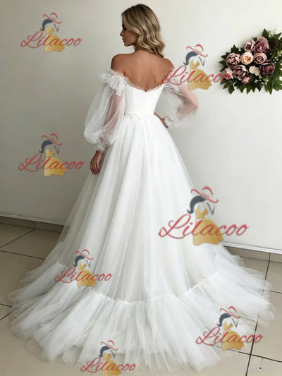 White Tulle Puff Sleeve Off the Shoulder Wedding Dress