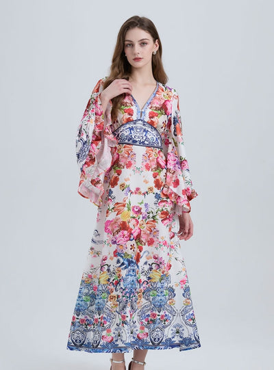 V-neck Printed Flared Sleeve Dress