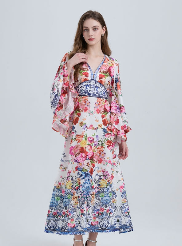 V-neck Printed Flared Sleeve Dress