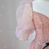 Pink Tulle Sequins Puff Sleeve Backless Prom Dress