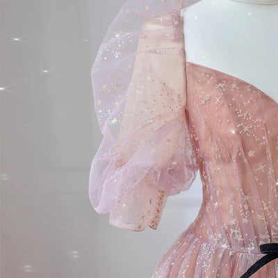 Pink Tulle Sequins Puff Sleeve Backless Prom Dress