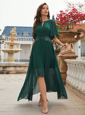 Green Chiffon Hi Lo Lace Prom Dress