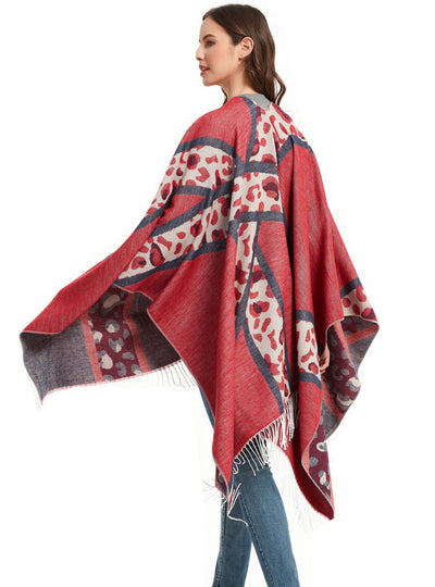 Leopard Cape Jacquard Travel Fringed Split Shawl