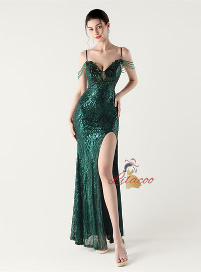 Mermaid Sequins Spaghetti Straps Beading Prom Dress