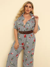 Fashion Lapel Striped Printed Wide-leg Jumpsuit