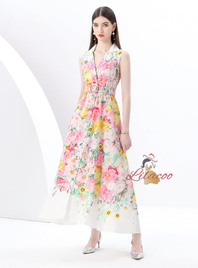 Sleeveless Floral Print Long Dress