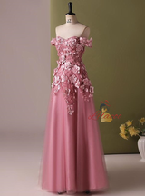 Pink Tulle Off the Shoulder 3D Flower Prom Dress