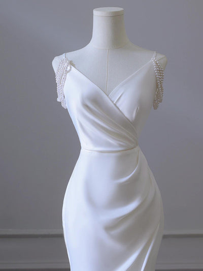 White Mermaid Satin Backless Wedding Dress