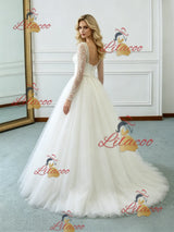 Beige White Tulle Long Sleeve Beading Wedding Dress