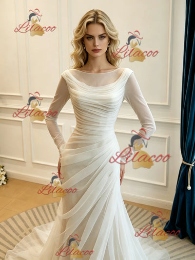 White Mermaid Tulle Long Sleeve Wedding Dress