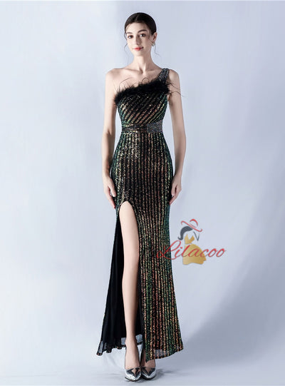 Mermais Sequins One Shoulder Split Prom Dress