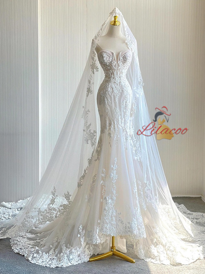 White Mermaid Tulle Lace Wedding Dress