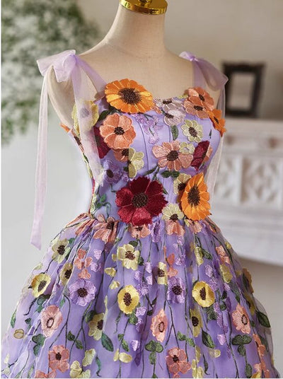 Purple Tulle Flower Straps Homecoming Dress