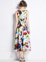 Sleeveless Round Neck Waist Slim Printed Dress
