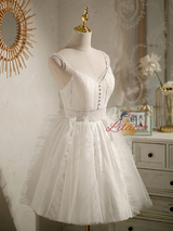 White Tulle Lace Spaghetti Straps Button Homecoming Dress