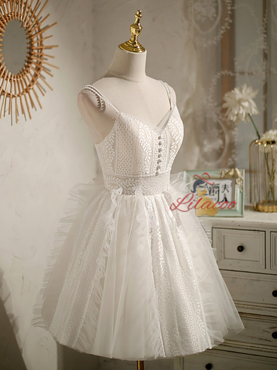 White Tulle Lace Spaghetti Straps Button Homecoming Dress