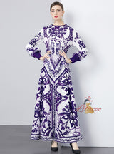 Ethnic Blue and White Porcelain Printed Pleated Dress