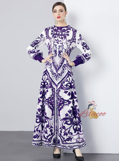 Ethnic Blue and White Porcelain Printed Pleated Dress