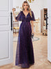 Purple Short Sleeve V-neck Prom Dress